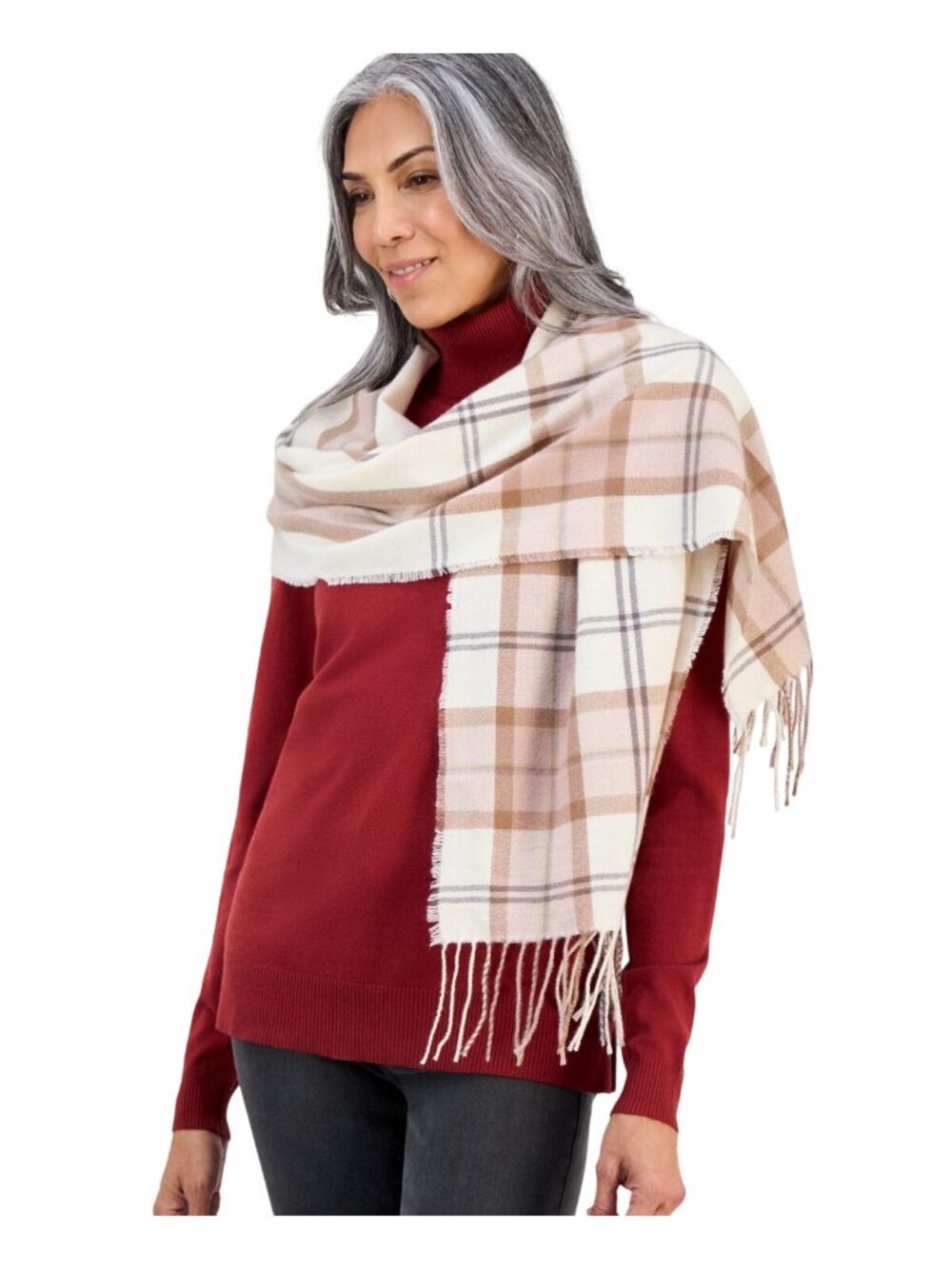 NWT Style & Co. Plaid Scarf with Fringe SC9542501 Ivory Neutral Brown Multi